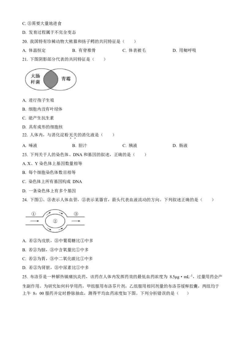 2023年福建省中考生物真题（空白卷）_福建中考1_6.福建中考生物（2017-2025）
