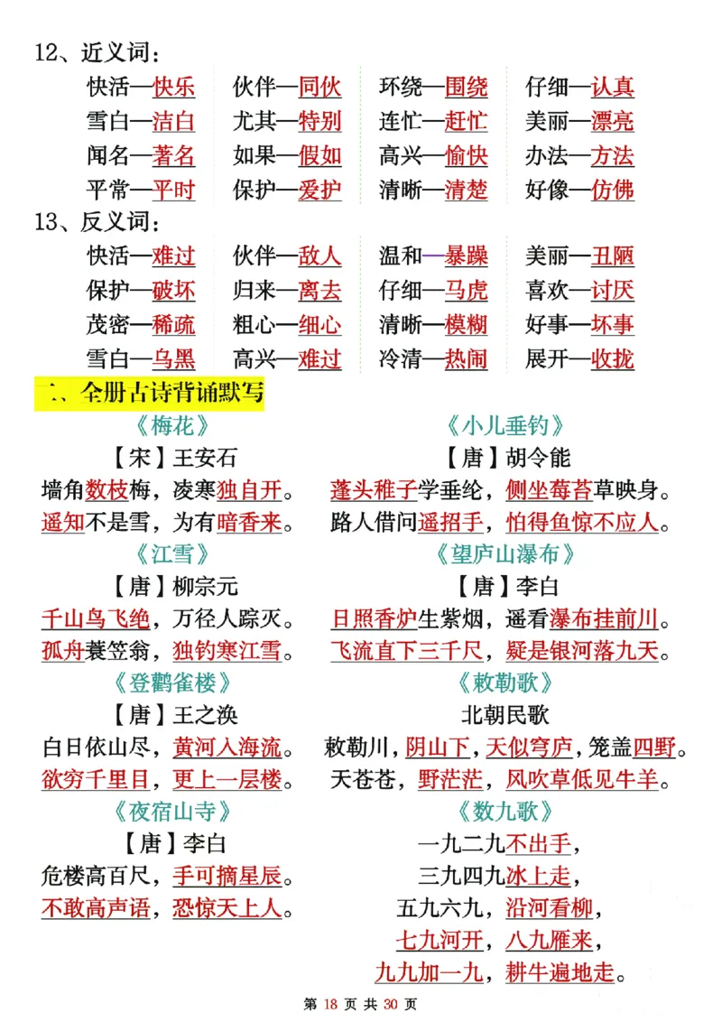 二上语文期末复习重点考点默写（练习+答案30页）_2年级小红书最新热门资料