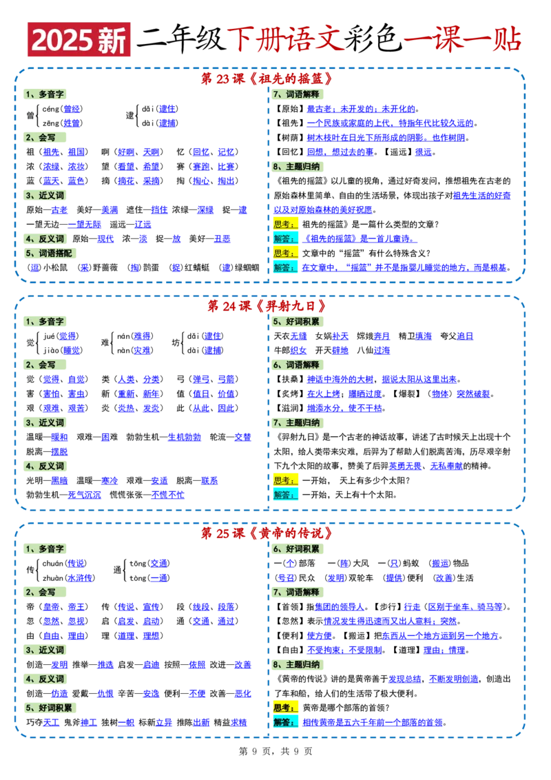 2025新二下语文彩色一课一贴（9页）_二年级上下册资料_二年级下册小红书同款资料_二下语文