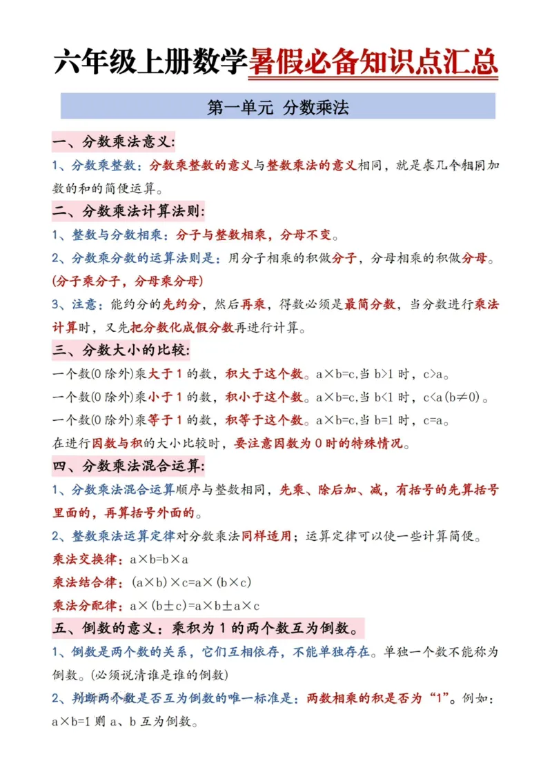 六年级上册数学暑假必备知识点汇总9页_小学全网线上同款资料_35号文件4-6上