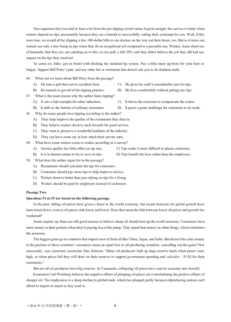 2016年12月大学英语4级（卷1）-可复制搜索_大学英语四级+六级_四级真题_四级真题_1990年-2018年真题资料合集_2016年12月CET4题+解+音频_02、真题word版