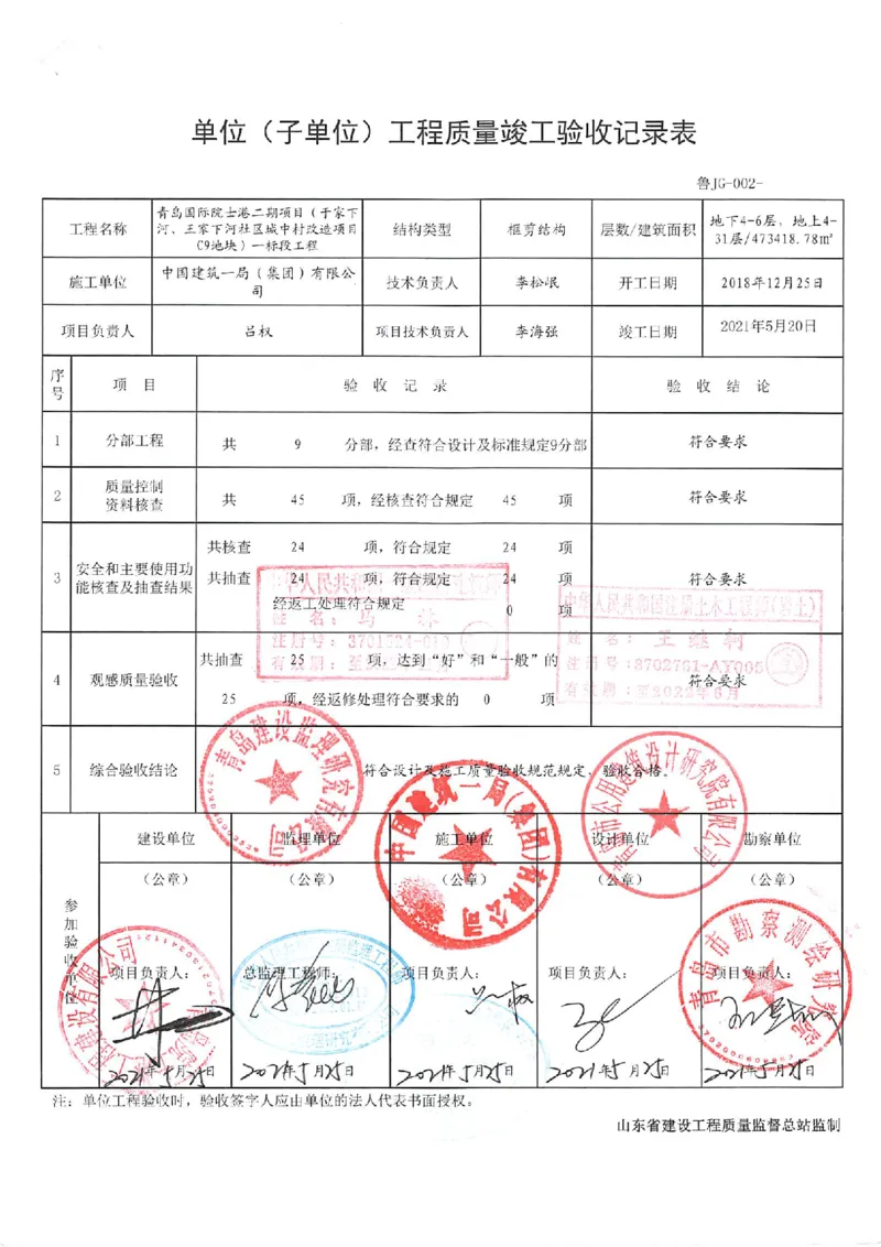 -4~-6层单位工程_2021-2023年优秀施组方案_施工组织设计_施组02-青岛国际院士港二期项目一标段施工组织设计_2、质量竣工验收记录_分部