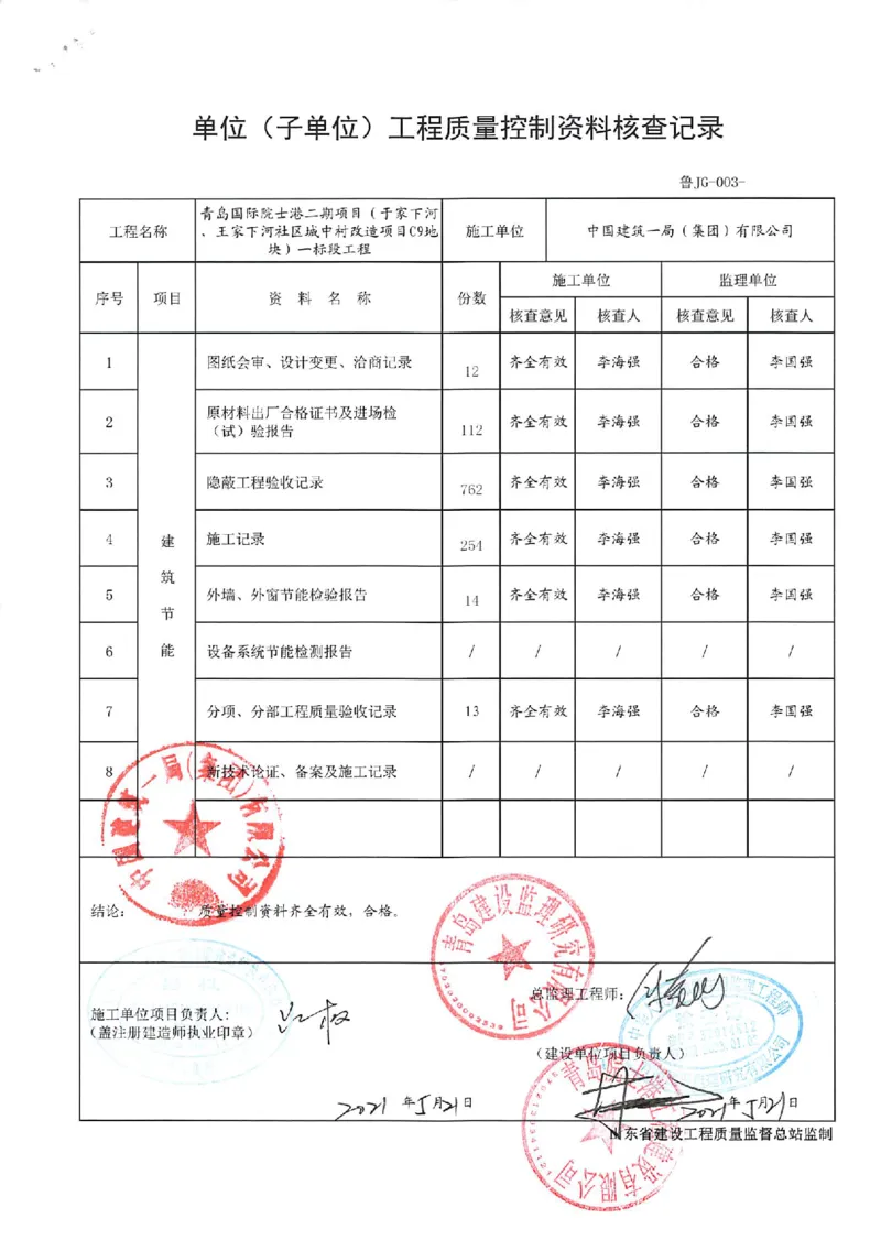 -4~-6层单位工程_2021-2023年优秀施组方案_施工组织设计_施组02-青岛国际院士港二期项目一标段施工组织设计_2、质量竣工验收记录_分部