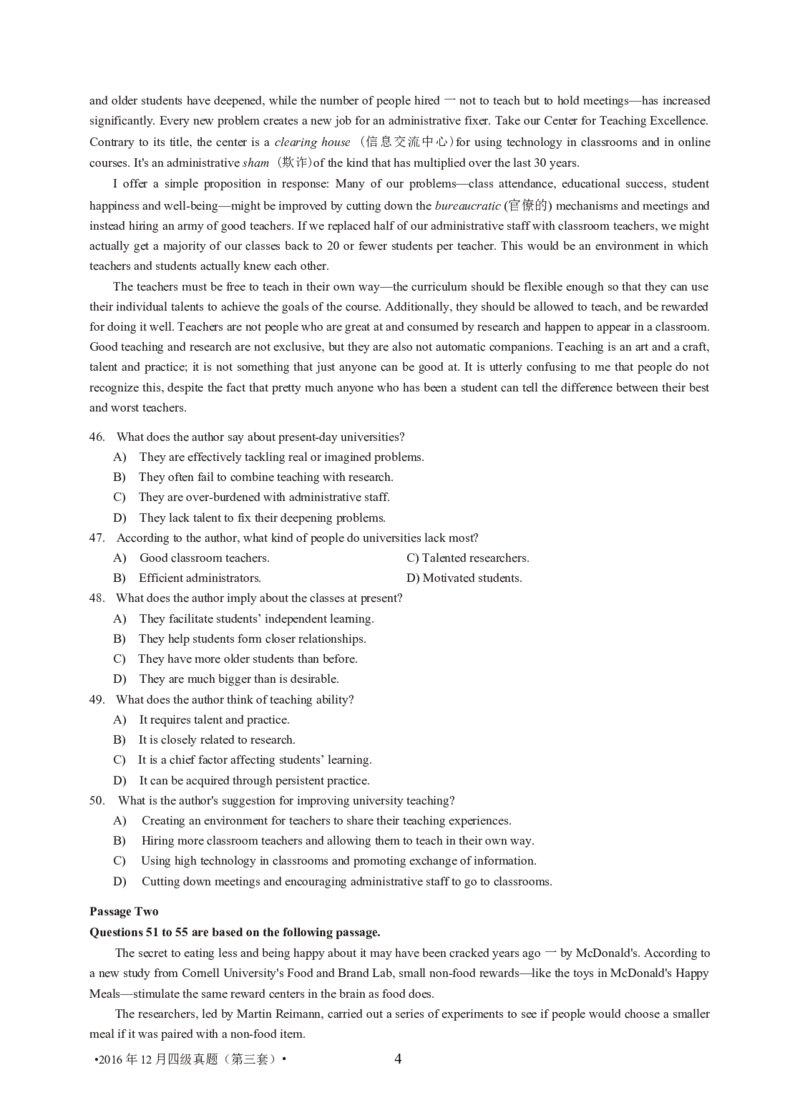 2016年12月大学英语4级（卷3）-可复制搜索_大学英语四级+六级_四级真题_四级真题_1990年-2018年真题资料合集_2016年12月CET4题+解+音频_02、真题word版