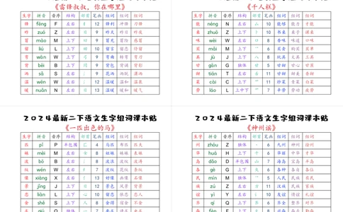 2024最新二下语文生字表组词课本贴_二年级上下册资料_小学二年级学习资料-25年更新版_2-02、小学二年级语文下册_2-2-2、练习题、作业、试题、试卷_专项练习
