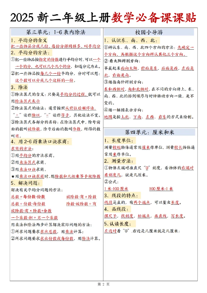 25新二年级上册数学必备课课贴彩色版_课课贴（数学）