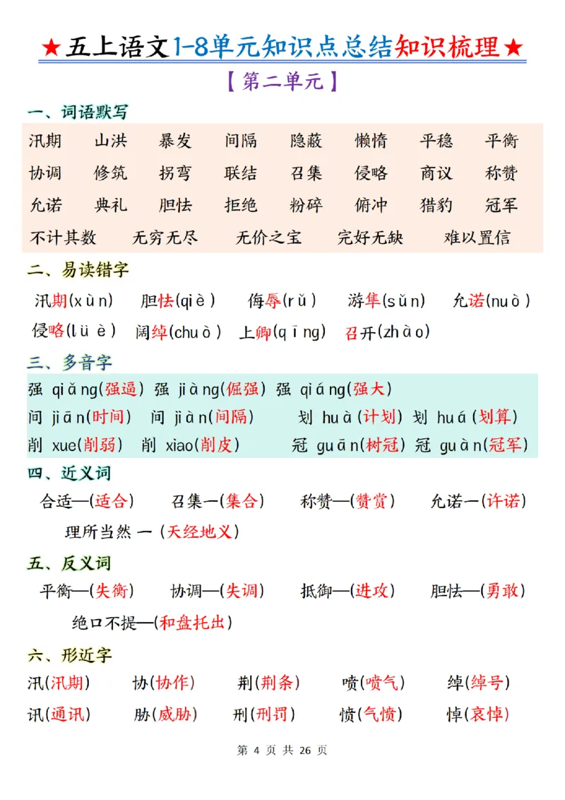 五上语文1-8单元知识点总结知识梳理26页_小学全网线上同款资料_k92_语文