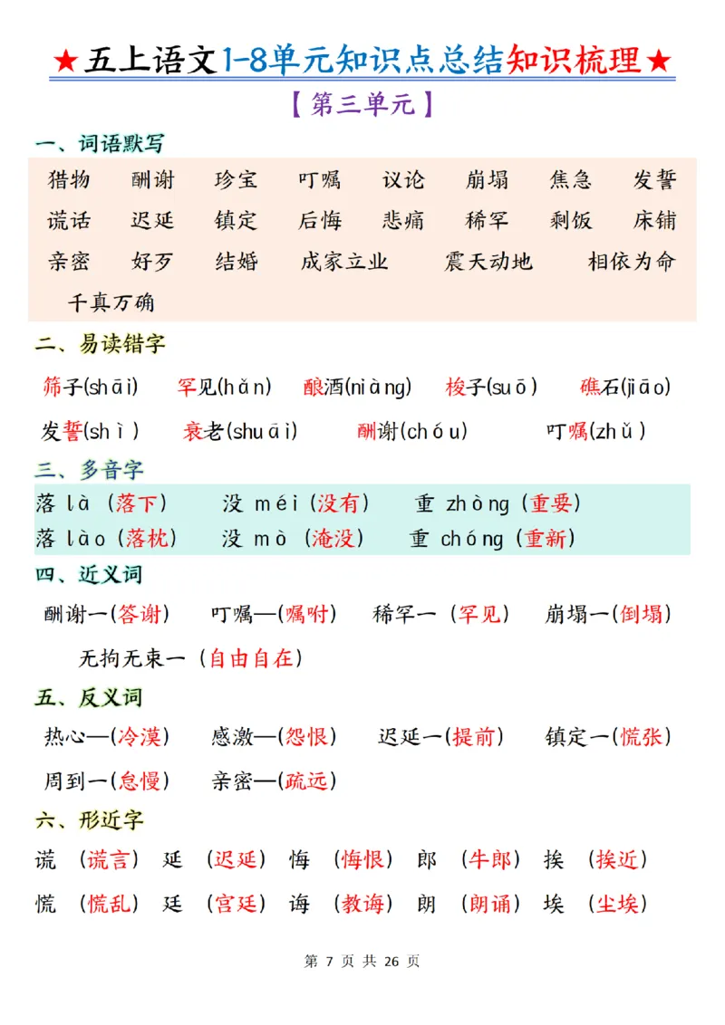 五上语文1-8单元知识点总结知识梳理26页_小学全网线上同款资料_k92_语文