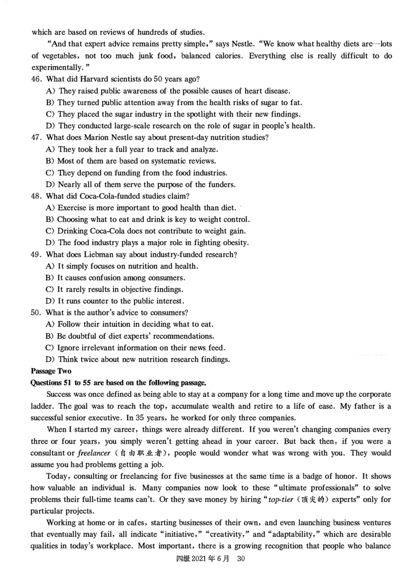 2021.06四级真题第2套_大学英语四级+六级_四级真题_四级真题_2021年06月CET4题+解+音频_01、真题PDF版（推荐打印）❤