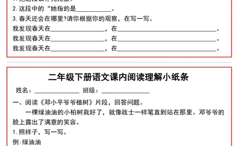 2052二（下）语文课内阅读理解小纸条_二年级上下册资料_二年级下册小红书同款资料_二下语文_二下语文
