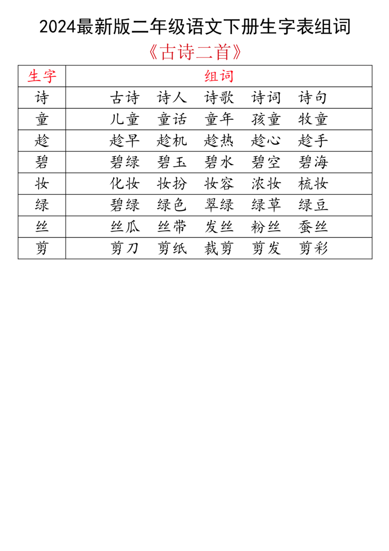 2024最新版二下语文生字表组词_二年级上下册资料_小学二年级学习资料-25年更新版_2-02、小学二年级语文下册_2-2-2、练习题、作业、试题、试卷_专项练习