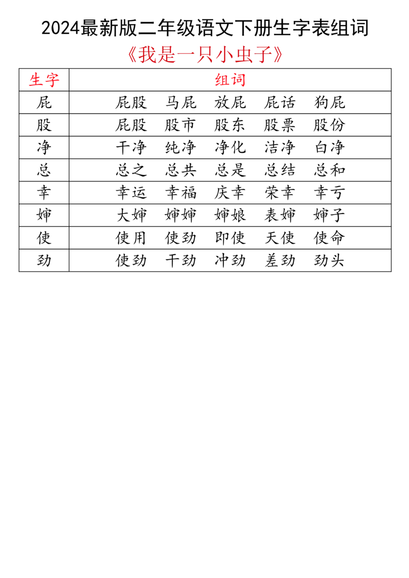 2024最新版二下语文生字表组词_二年级上下册资料_小学二年级学习资料-25年更新版_2-02、小学二年级语文下册_2-2-2、练习题、作业、试题、试卷_专项练习