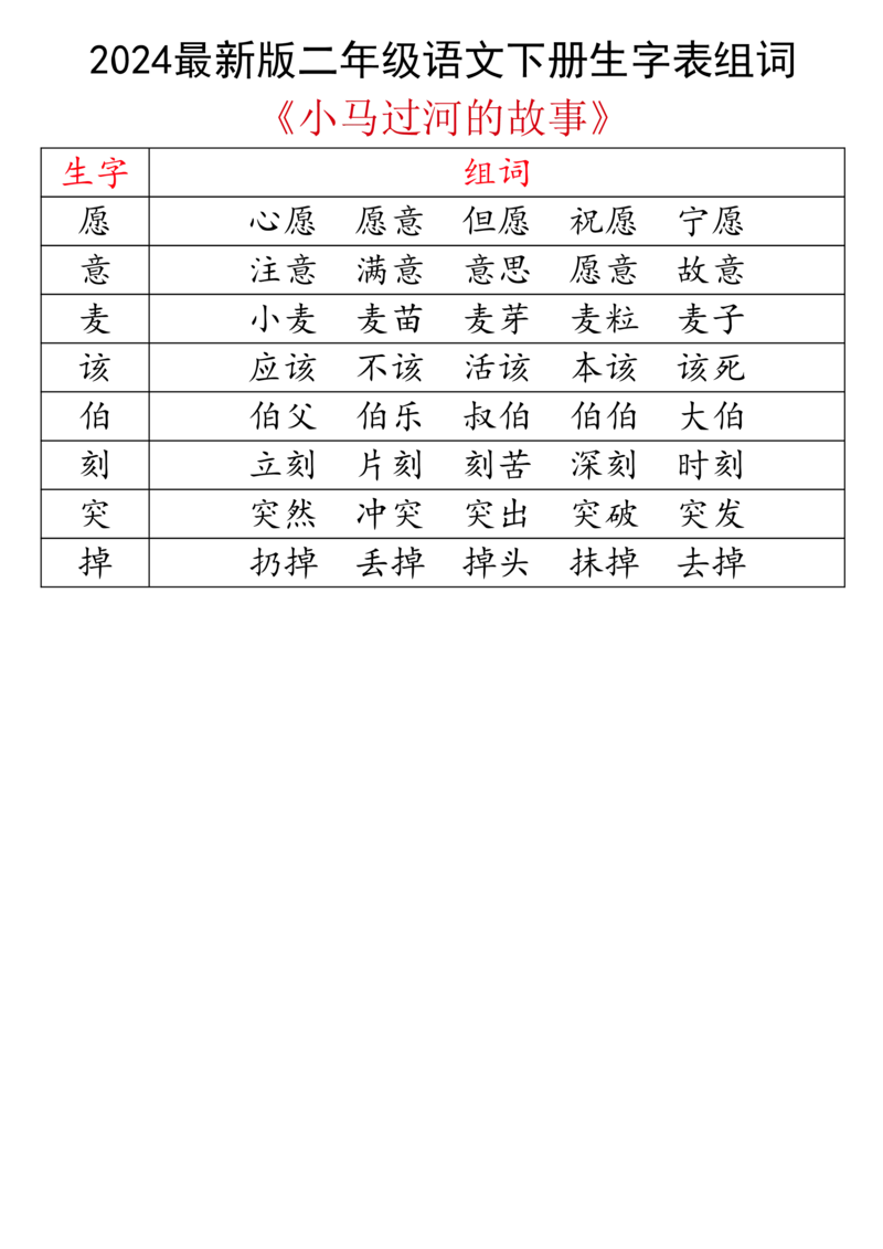 2024最新版二下语文生字表组词_二年级上下册资料_小学二年级学习资料-25年更新版_2-02、小学二年级语文下册_2-2-2、练习题、作业、试题、试卷_专项练习