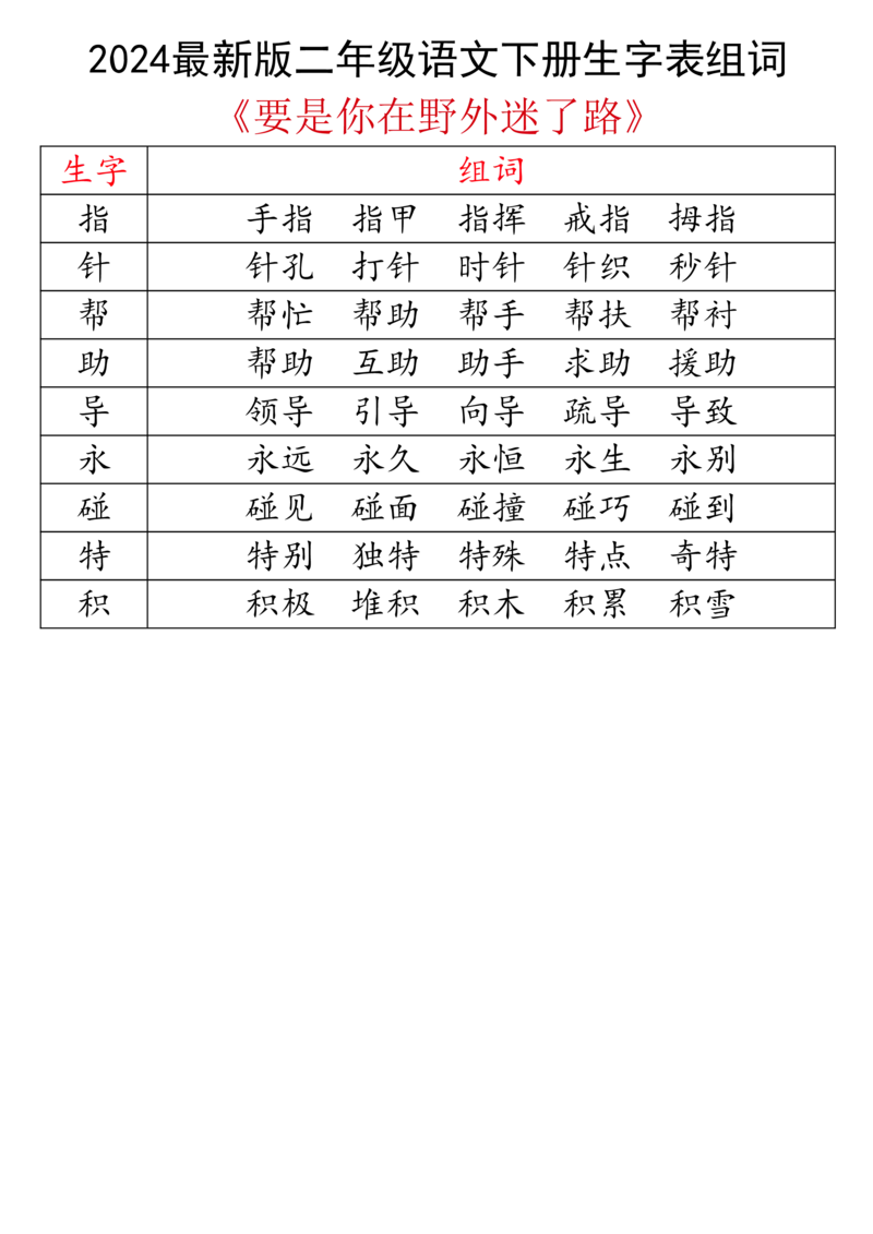 2024最新版二下语文生字表组词_二年级上下册资料_小学二年级学习资料-25年更新版_2-02、小学二年级语文下册_2-2-2、练习题、作业、试题、试卷_专项练习