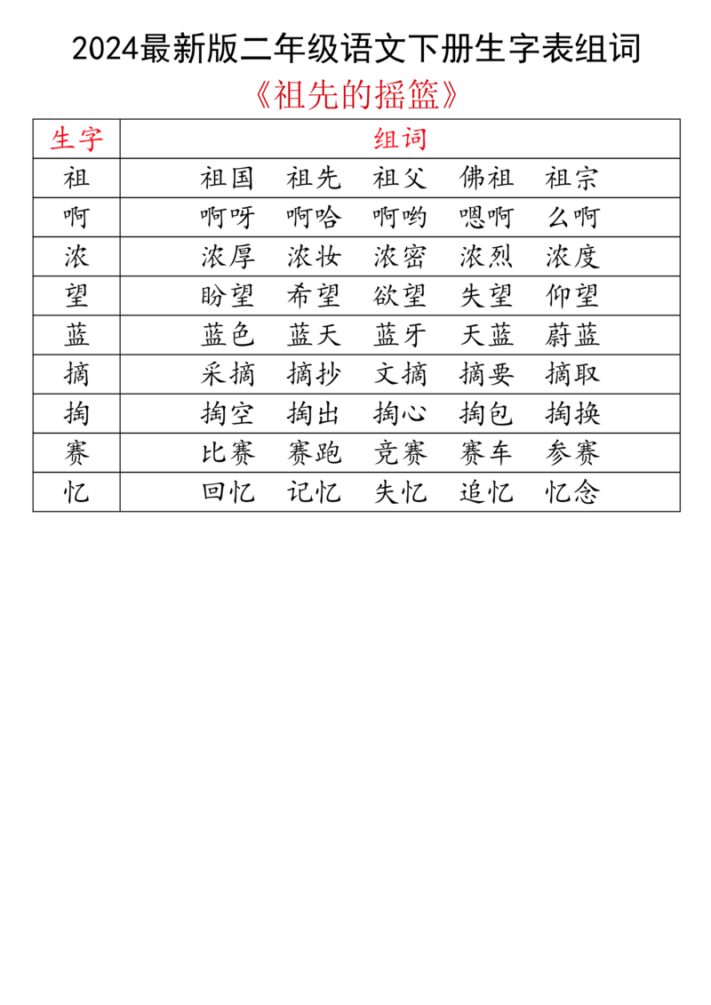 2024最新版二下语文生字表组词_二年级上下册资料_小学二年级学习资料-25年更新版_2-02、小学二年级语文下册_2-2-2、练习题、作业、试题、试卷_专项练习
