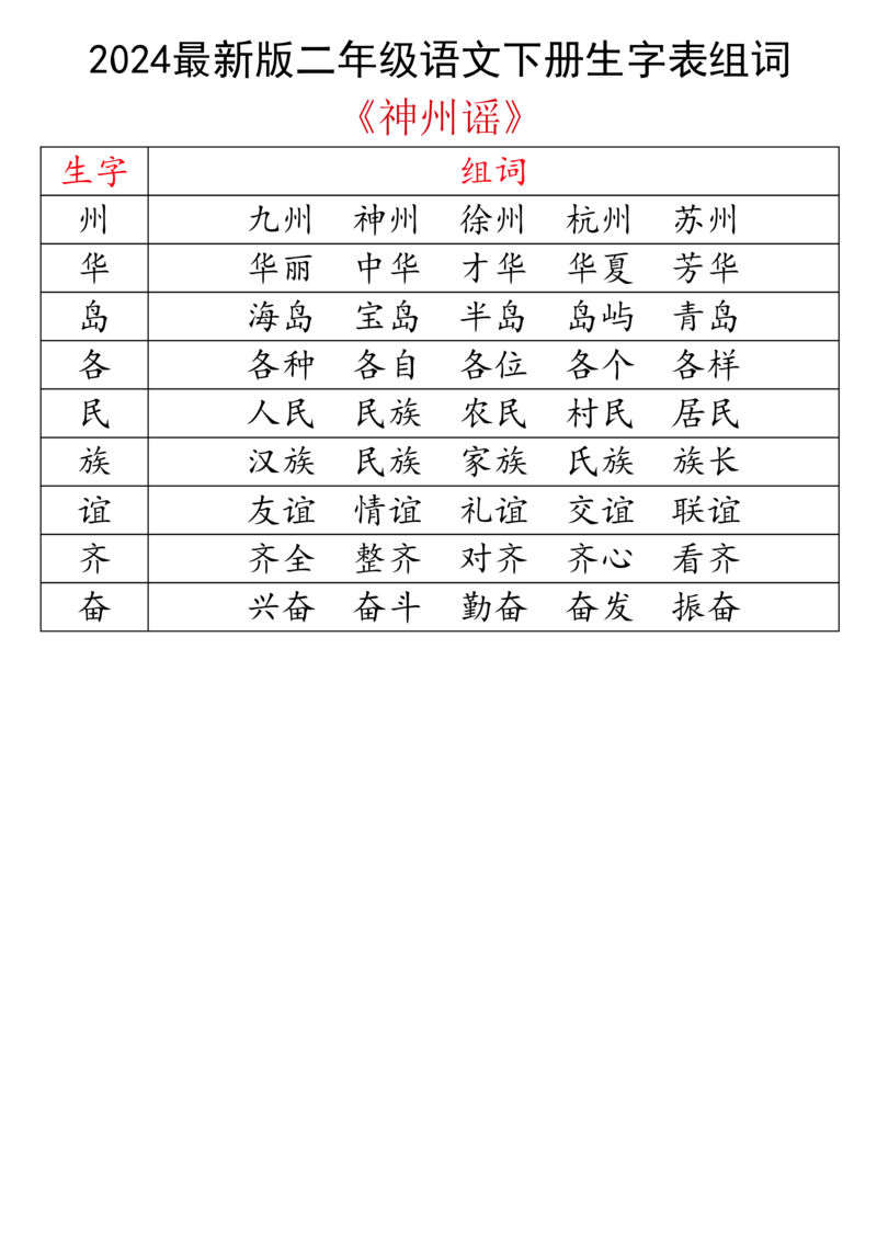 2024最新版二下语文生字表组词_二年级上下册资料_小学二年级学习资料-25年更新版_2-02、小学二年级语文下册_2-2-2、练习题、作业、试题、试卷_专项练习