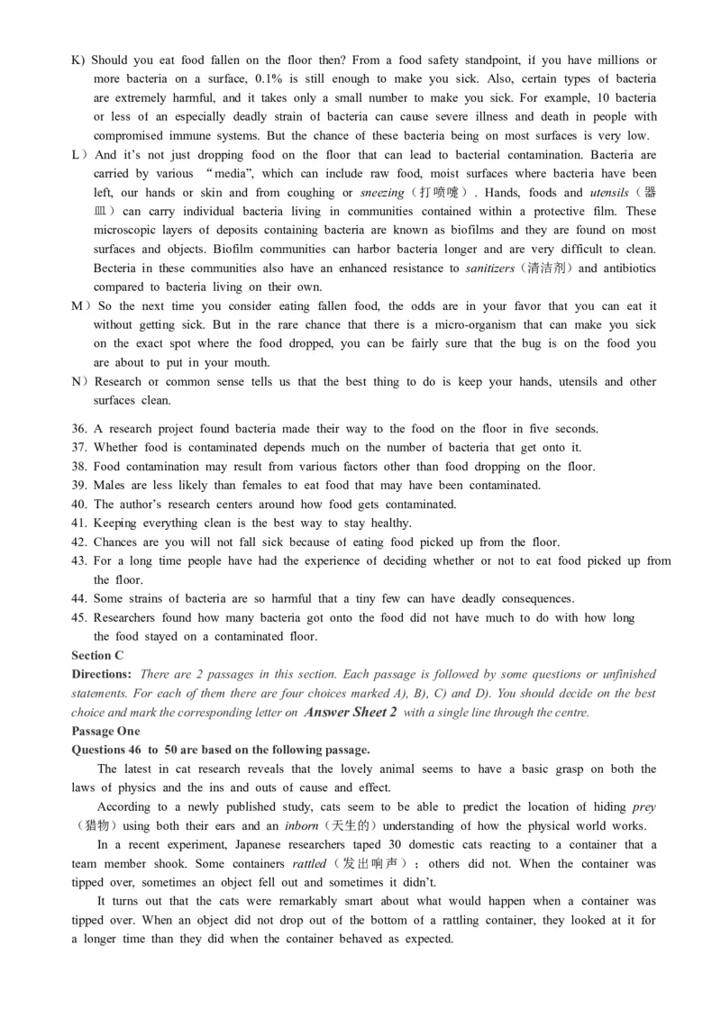 2018年12月四级真题第3套_大学英语四级+六级_四级真题_四级真题_1990年-2018年真题资料合集_2018年12月CET4题+解+音频_02、真题word版