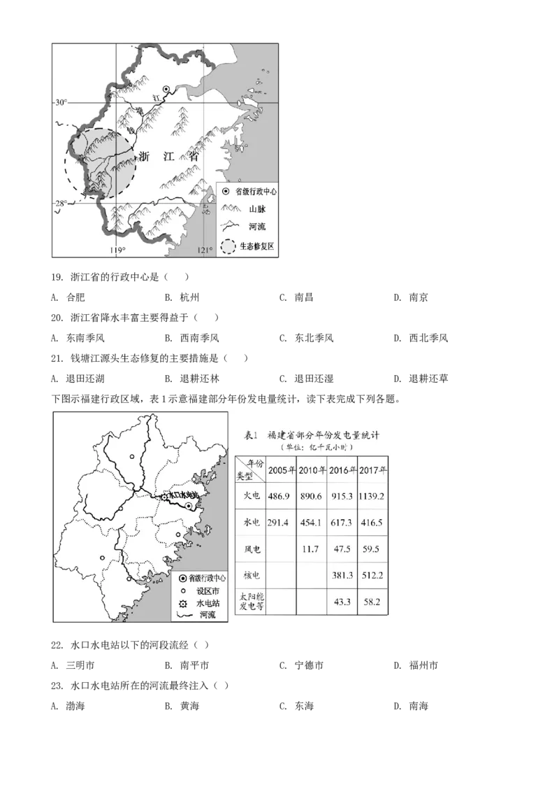2019年福建省中考地理真题（空白卷）_福建中考1_8.福建中考地理（2017-2025）