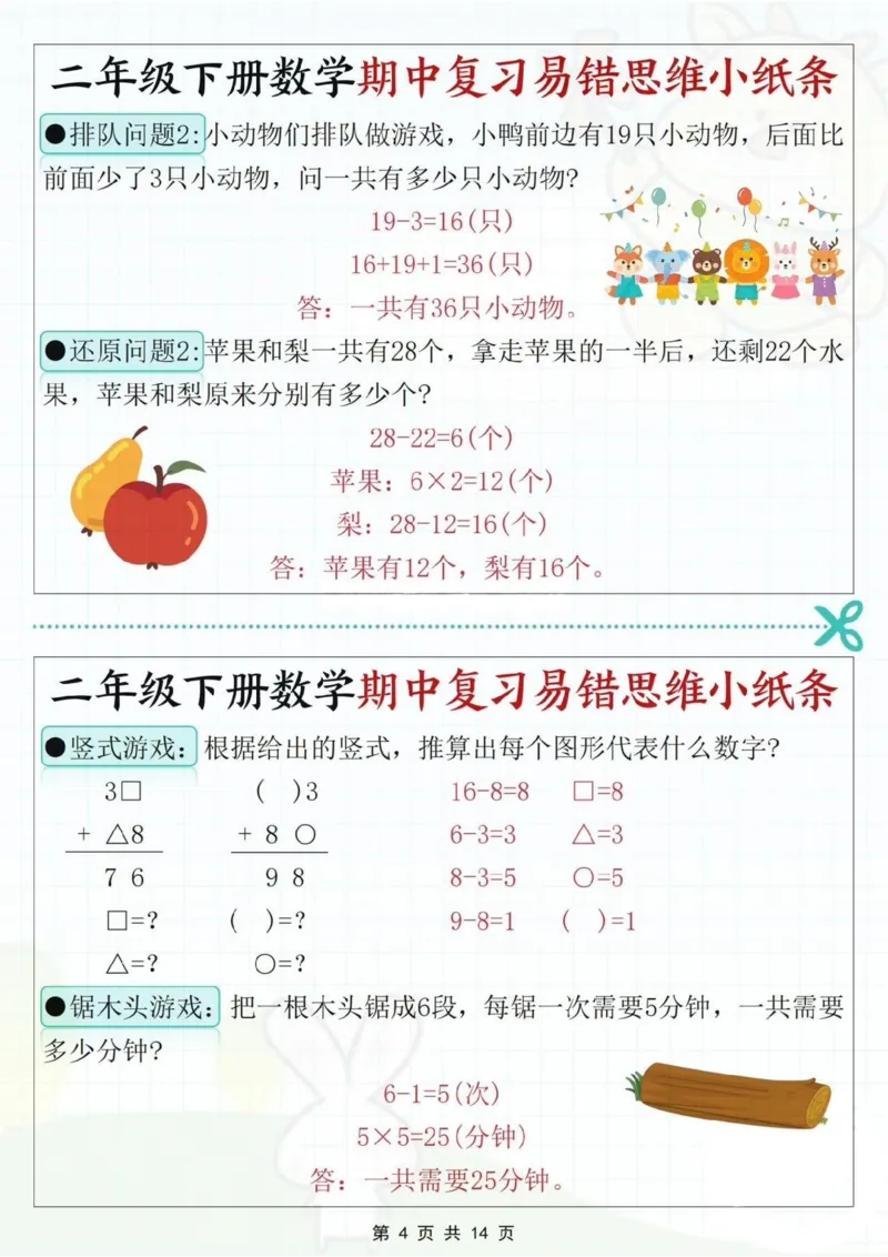 2109二下数学期中复习易错思维小纸条（含答案14页）_二年级上下册资料_二年级下册小红书同款资料_二下数学_二下数学