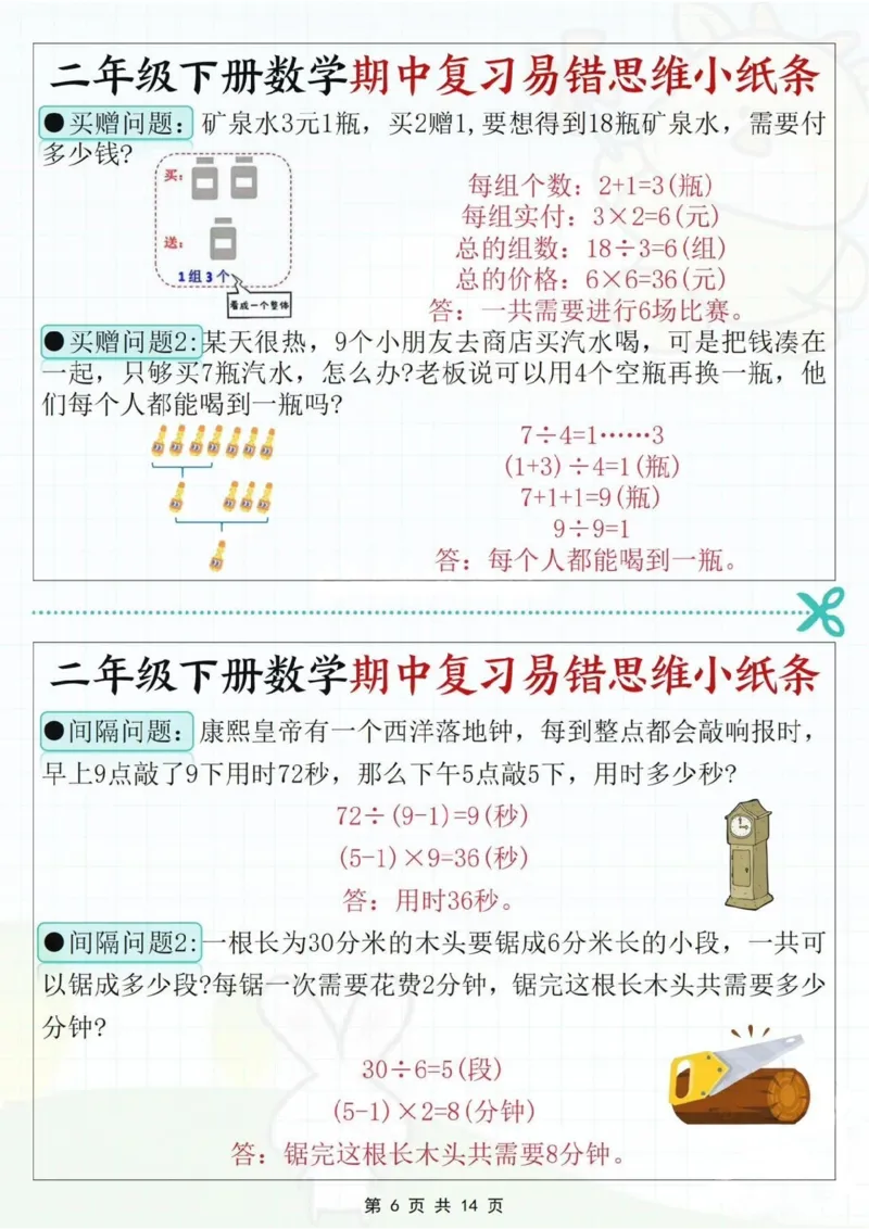 2109二下数学期中复习易错思维小纸条（含答案14页）_二年级上下册资料_二年级下册小红书同款资料_二下数学_二下数学