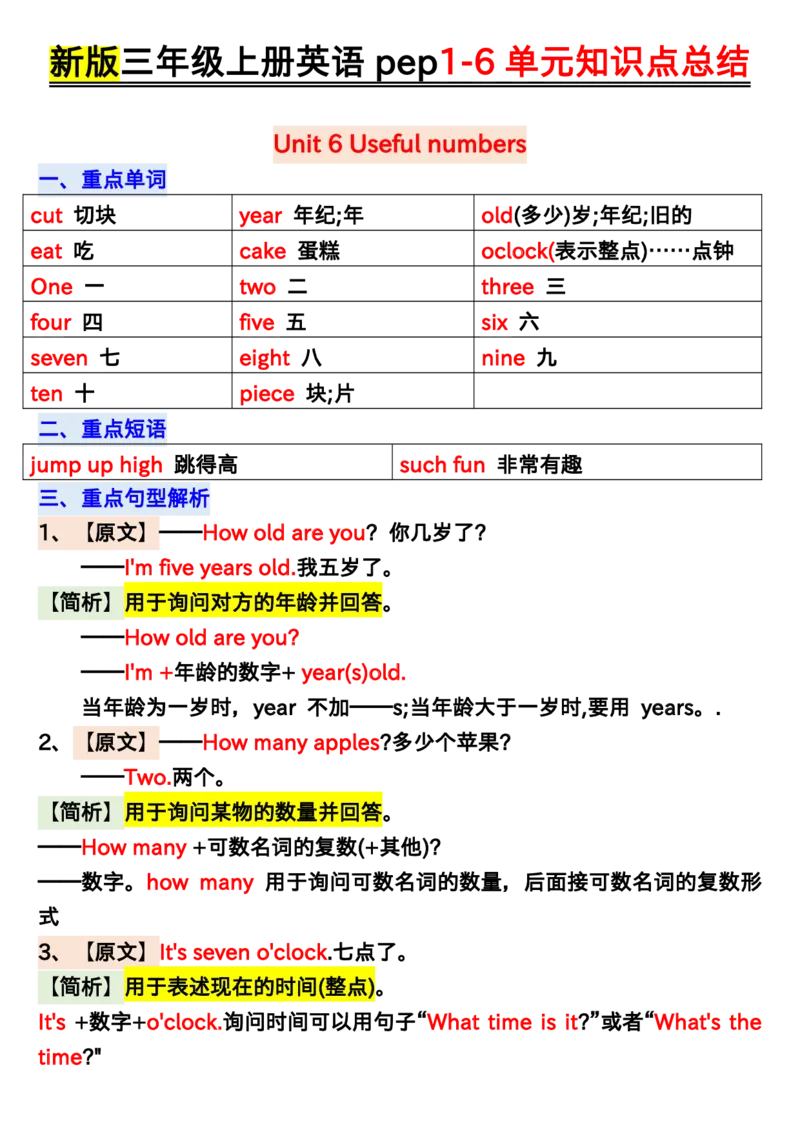 24新版PEP英语单元知识点汇总三上_三年级上下册资料_三年级上语数英上下册学习资料_3-8-5、小学三年级英语上册_人教PEP版_1、知识点总结