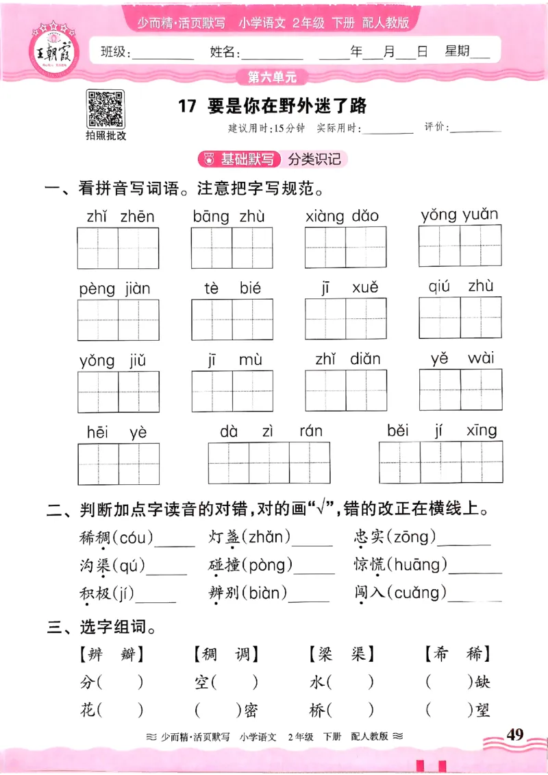 25春《王朝霞活页默写》语文2下_二年级上下册资料_53黄冈多个品牌系列资料_语文