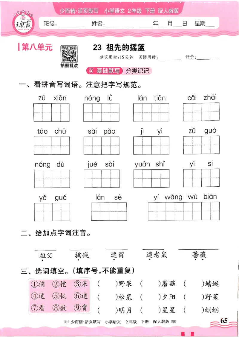 25春《王朝霞活页默写》语文2下_二年级上下册资料_53黄冈多个品牌系列资料_语文