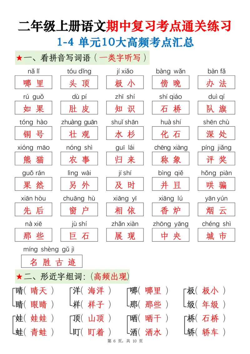 2343二上语文期中复习考点通关练习（1-4单元10大高频考点汇总）含答案10页_一到六小学晨读晚默晨诵晚读_24秋二年级上册各类资料(小纸条知识点默写单)
