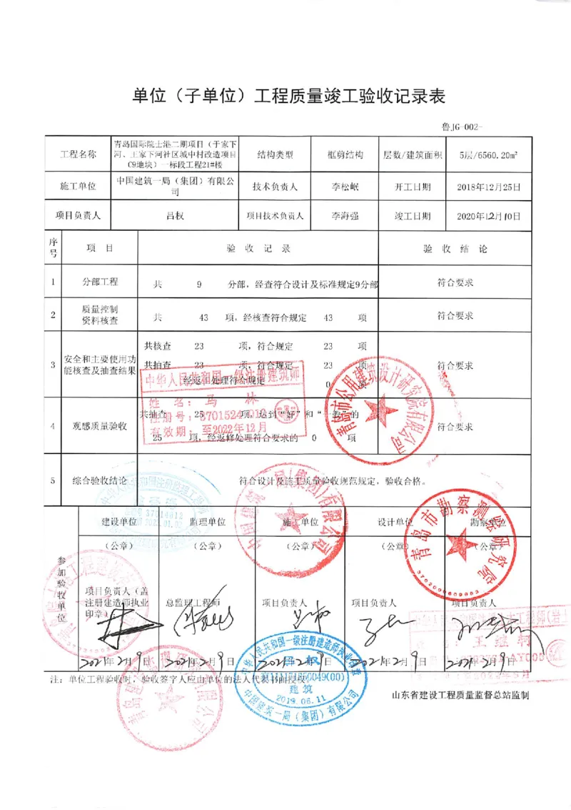 20181225_单位（子单位）工程质量竣工验收记录表-21#_2021-2023年优秀施组方案_施工组织设计_施组02-青岛国际院士港二期项目一标段施工组织设计_2、质量竣工验收记录_单位