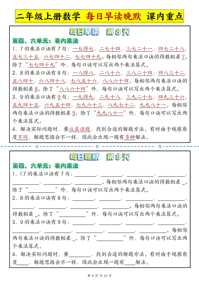 每日晨读晚默-重点知识点二上数学人教版_二上数学25秋