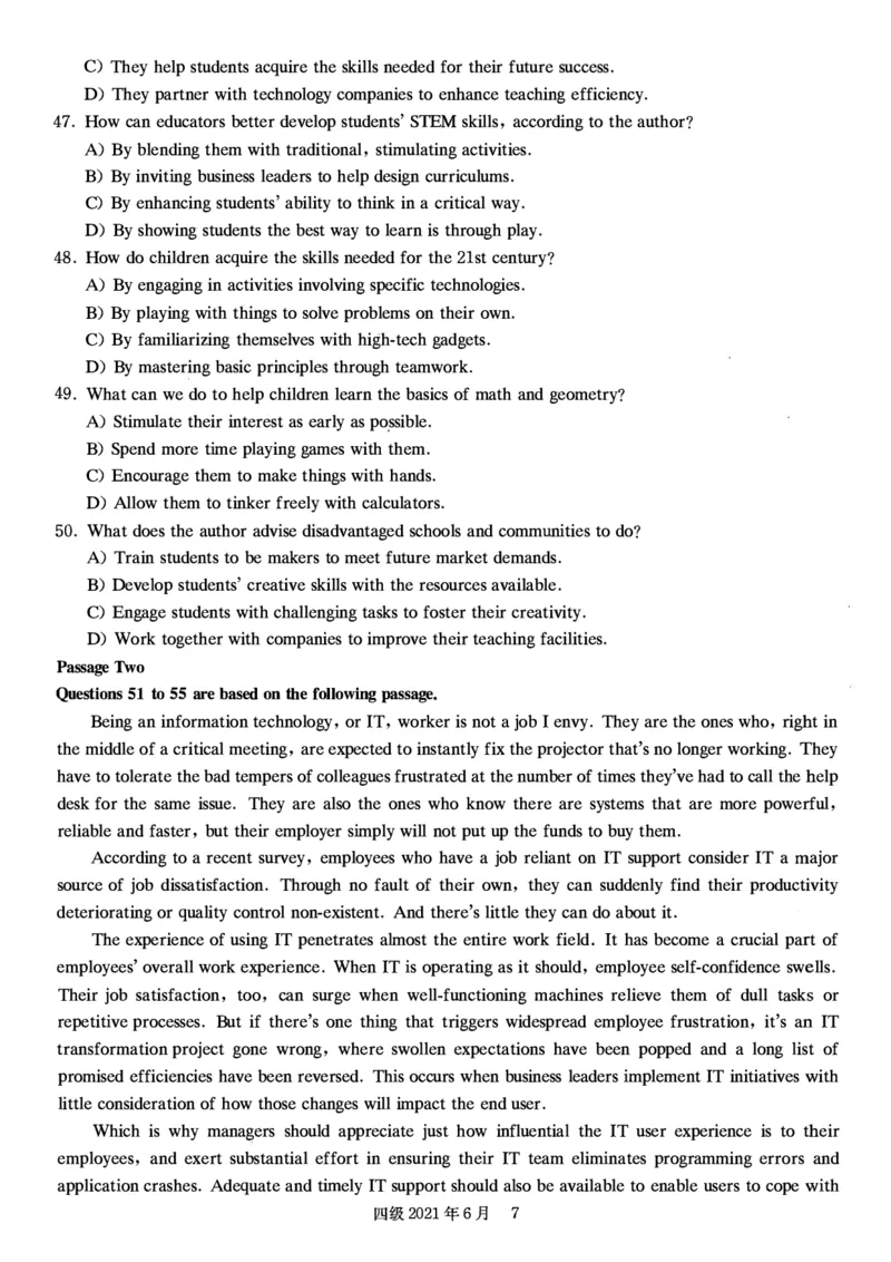 2021.06四级真题第1套_大学英语四级+六级_四级真题_四级真题_2021年06月CET4题+解+音频_01、真题PDF版（推荐打印）❤