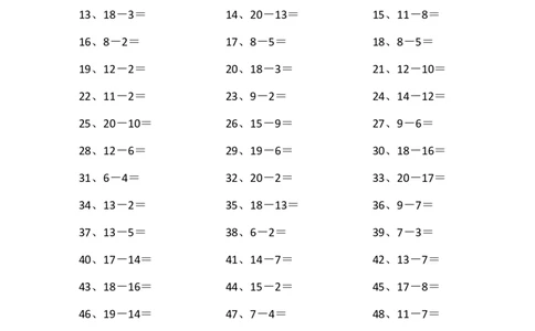 20以内减法第81~100篇_小学数学口算竖式脱式计算应用题一二三四五六年级上下册电_小学数学口算题库电子版（1-6）_小学数学口算一年级_口算题适合1年级(含答案）