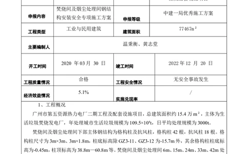 2022年度施工组织设计、施工方案编制技能竞赛申报表（热力电厂）_2021-2023年优秀施组方案_施工方案_方案37-焚烧间及烟尘处理间钢结构安装安全专项施工方案