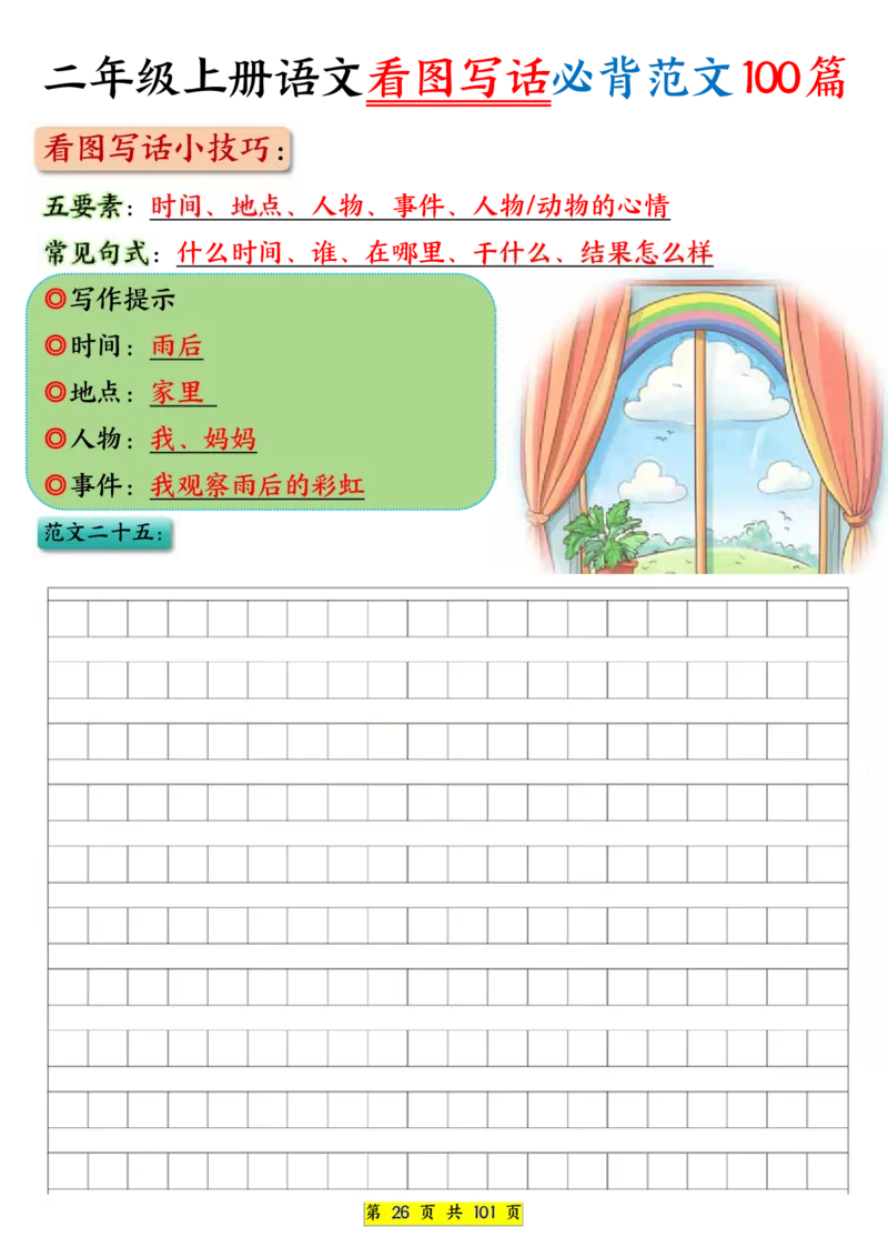 25秋二年级上册语文看图写话必背练习100篇（空白版）_25秋语文1-6年级上册热门资料