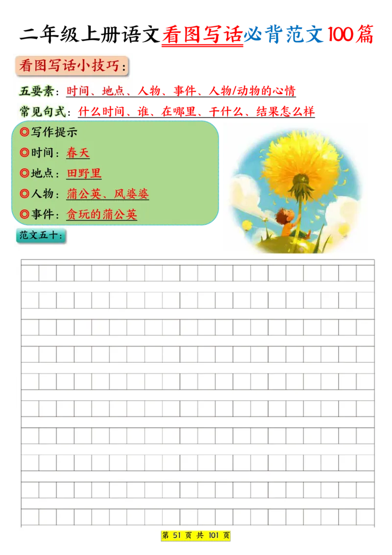 25秋二年级上册语文看图写话必背练习100篇（空白版）_25秋语文1-6年级上册热门资料