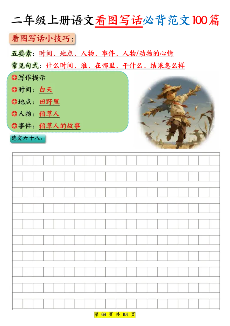 25秋二年级上册语文看图写话必背练习100篇（空白版）_25秋语文1-6年级上册热门资料
