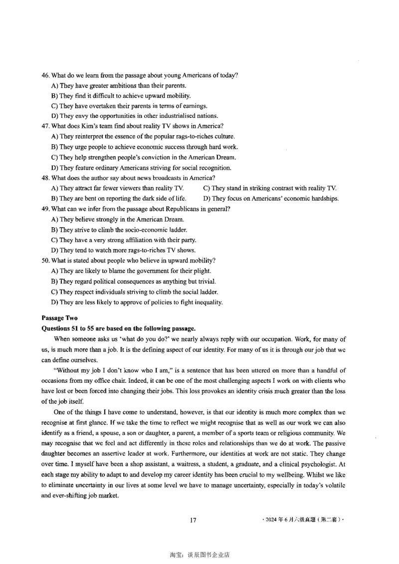 2024年6月六级第二套原题_大学英语四级+六级_六级真题_六级真题_2024年06月CET6题+解+音频_2024年6月六级真题-原题_扫描版（打印推荐）