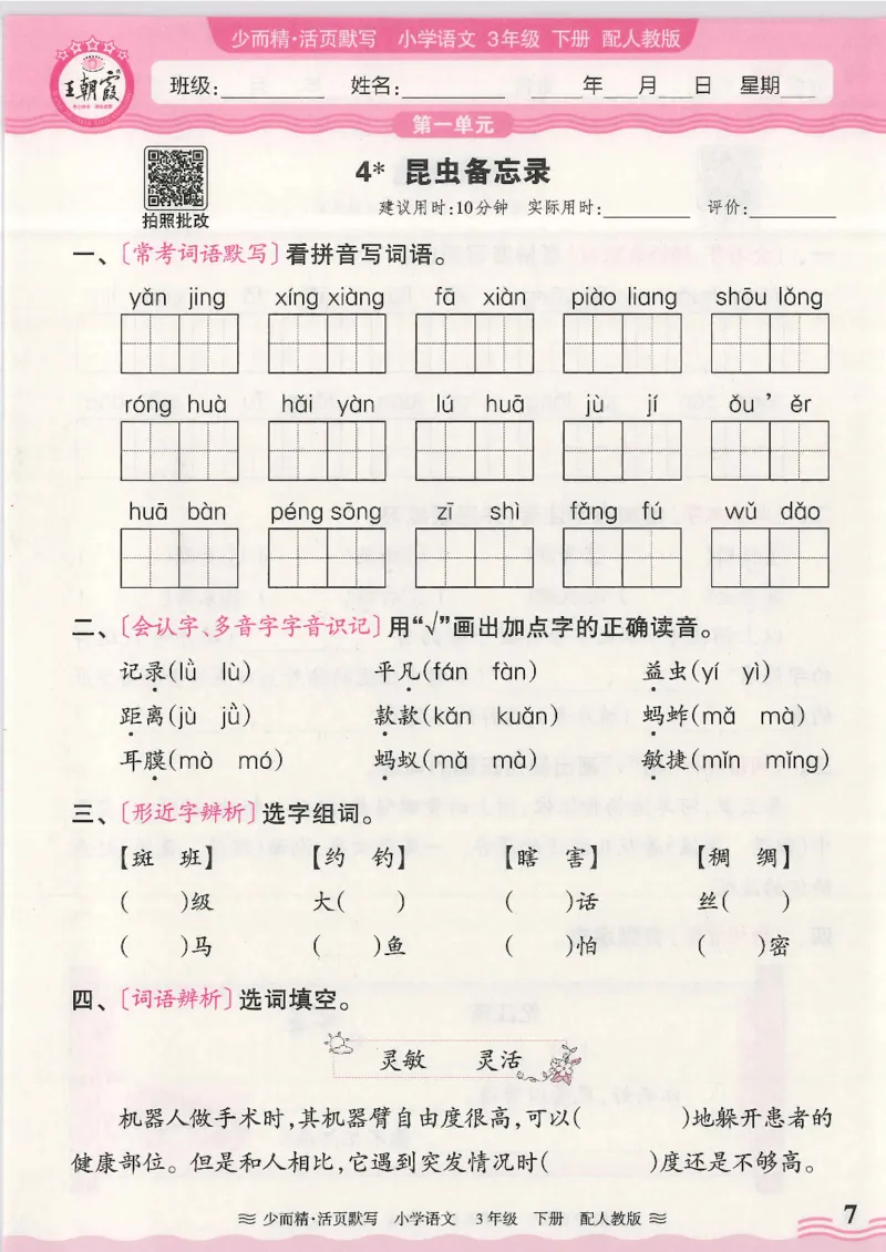 2025春人教版语文3年级下册活页默写_三年级上下册资料_53黄冈多个品牌系列资料_语文