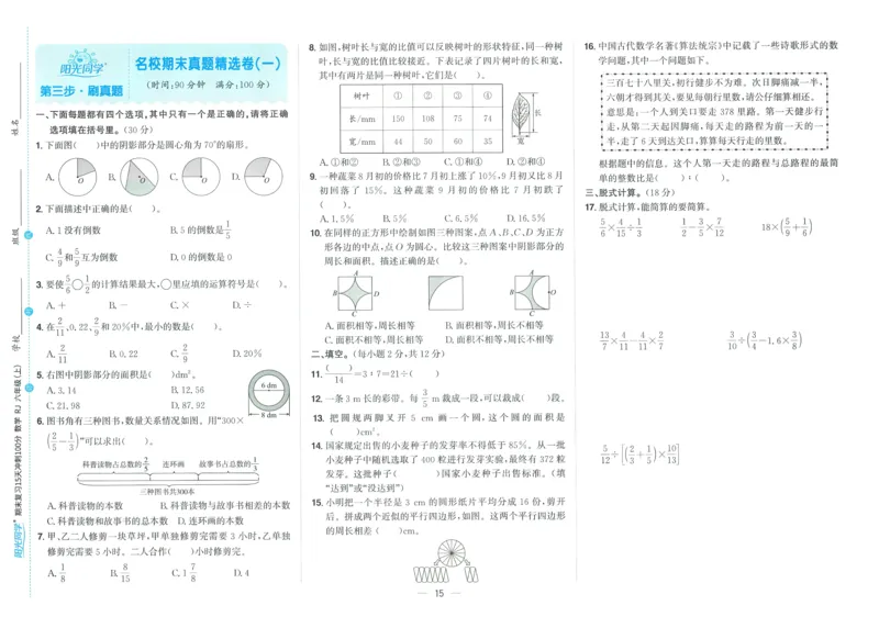 试卷数学RJ6上_25秋《阳光同学期末复习》_数学人教123456_25秋阳光同学期末复习15天冲刺100分人教数学6上