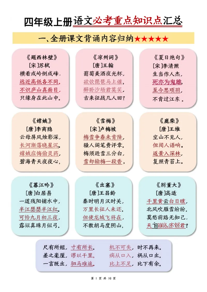 四上语文必考重点汇总_小学全网线上同款资料_11号