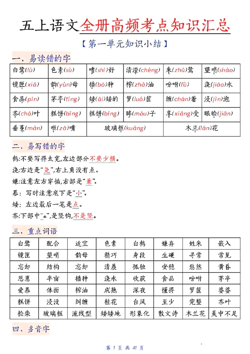 五上期中高频考点_🍎⭐️期中知识汇总语文25年上册_五上