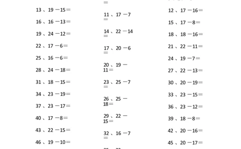 25以内减法第91~100篇_小学数学口算竖式脱式计算应用题一二三四五六年级上下册电_小学数学口算题库电子版（1-6）_小学数学口算一年级_口算题适合1年级(含答案）