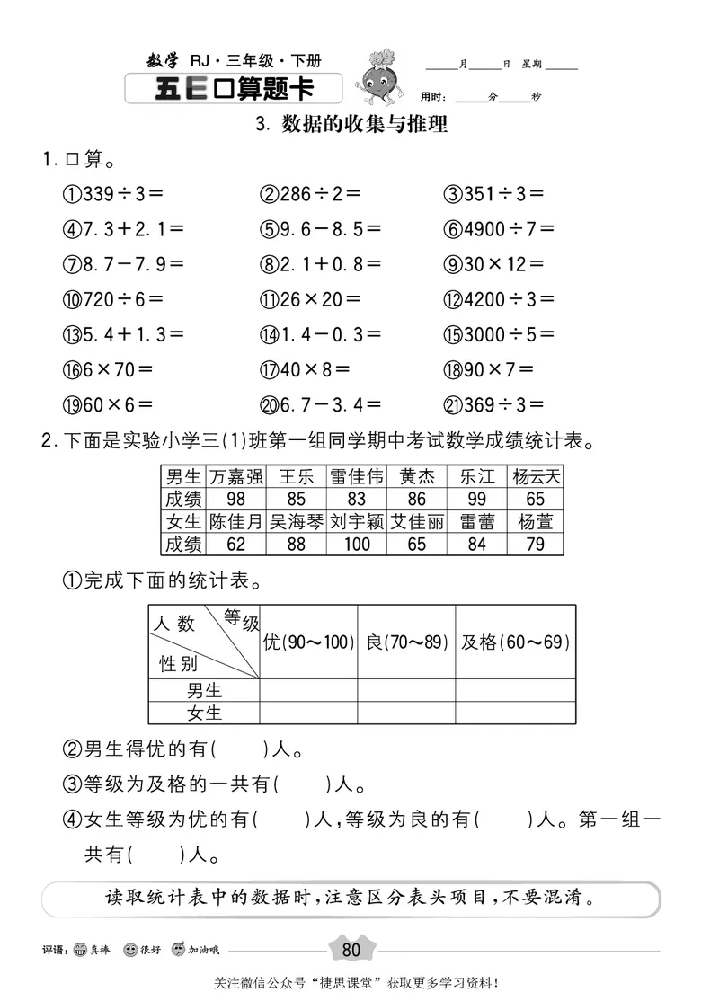 五E口算题卡三年级下册数学人教版_1~6年级全册五E口算题卡(1)_3年级五E口算题卡
