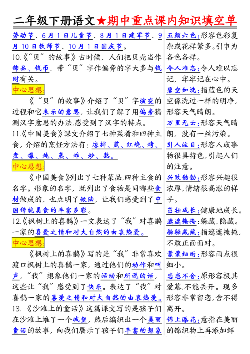 2113二下语文期中专题-重点课内知识填空单01_二年级上下册资料_二年级下册小红书同款资料_二下语文_二下语文