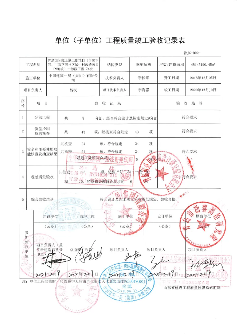 20181225_单位（子单位）工程质量竣工验收记录表-17#_2021-2023年优秀施组方案_施工组织设计_施组02-青岛国际院士港二期项目一标段施工组织设计_2、质量竣工验收记录_单位