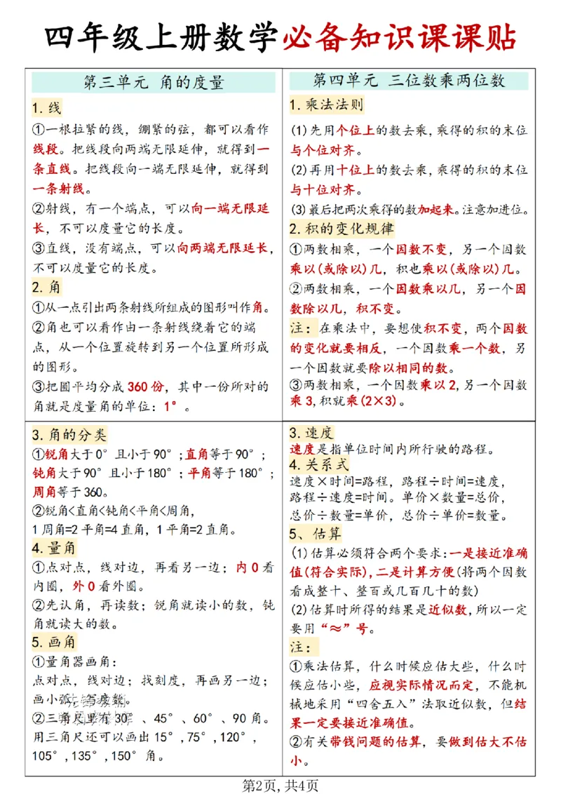 四年级（上）数学必备知识课课贴《人教版》_🍎⭐️期中知识汇总人教25年上册