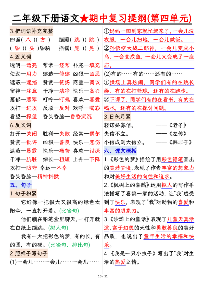 2122二下丨语文期中复习1-4单元复习提纲_二年级上下册资料_二年级下册小红书同款资料_二下语文_二下语文