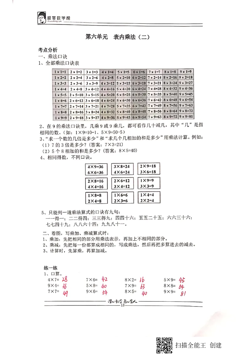 2020年人教版二年级秋季复习指南定稿答案_二年级上下册资料_小学二年级学习资料-25年更新版_2-03、小学二年级数学上册_2-3-1、复习、知识点、归纳汇总_人教版
