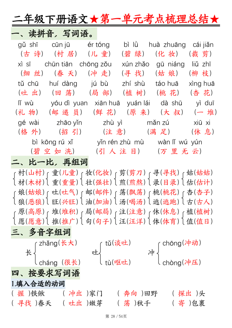 2086二下语文1-8单元考点梳理总结（练习+答案版）54页_二年级上下册资料_二年级下册小红书同款资料_二下语文_二下语文