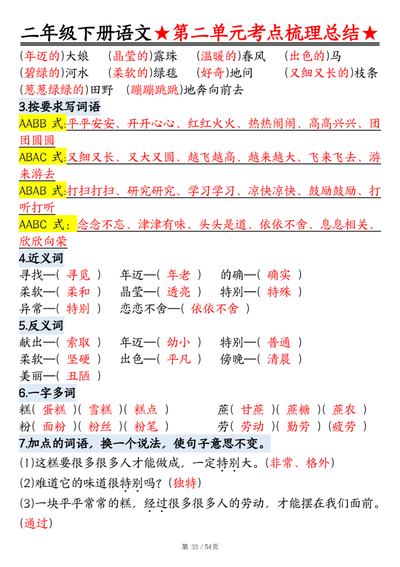 2086二下语文1-8单元考点梳理总结（练习+答案版）54页_二年级上下册资料_二年级下册小红书同款资料_二下语文_二下语文